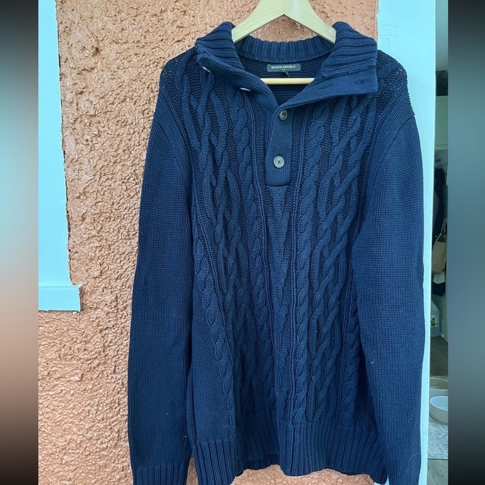 Banana Republic Fisherman's Sweater Men's Pullover Quarter Cable Knit- Navy XL